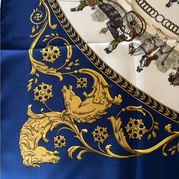 Hermès Paris Blue and Gold Silk Scarf